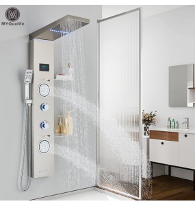 Brushed LED Light LCD Shower Faucet Bathroom SPA Massage Jet Shower Column System Waterfall Rain Shower Panel With Shelf Tap