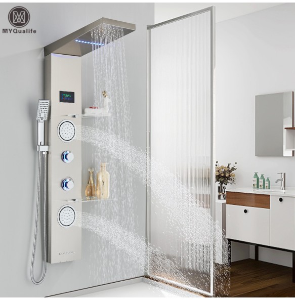 Brushed LED Light LCD Shower Faucet Bathroom SPA Massage Jet Shower Column System Waterfall Rain Shower Panel With Shelf Tap