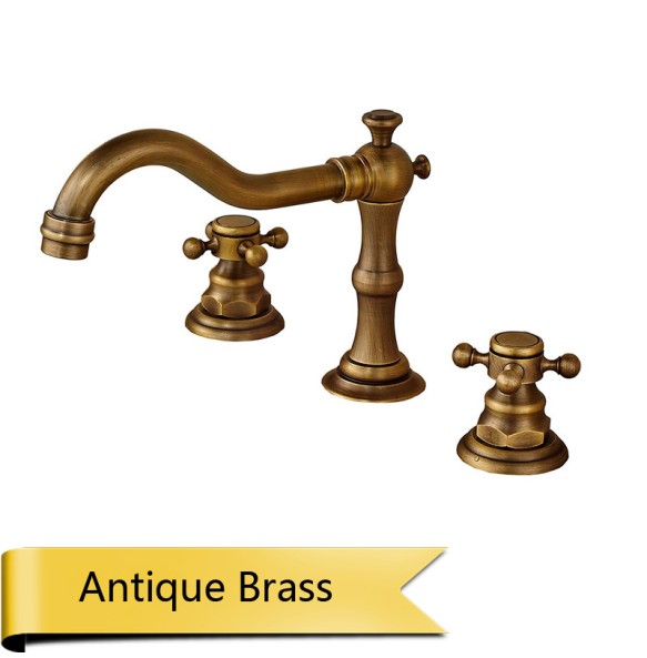 Antique Brass Deck Mounted Basin Faucet Widespread Bathroom Sink Washing Tap Dual Handle 3 Holes Basin Mixer Tap