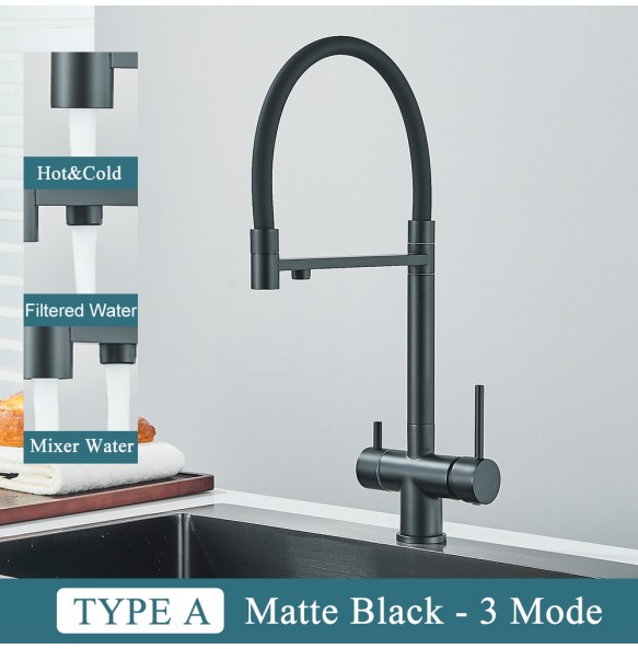 Gun Gray Filtered Kitchen Faucet Pure Water Pull Out Brass Sink Faucet Dual Handle Hot&Cold Drinking Water Purified Mixer Taps