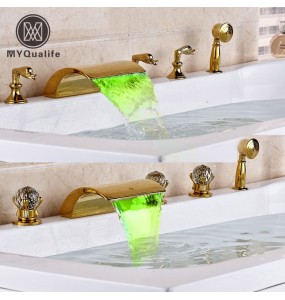 Deck Mounted Waterfall 5pcs Bath tub Faucet Mixers Widespread with LED Light Bathtub Faucet with Handshower