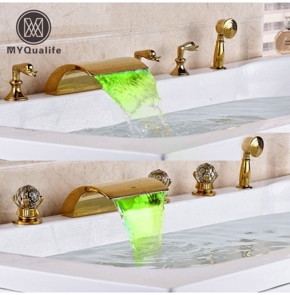 Deck Mounted Waterfall 5pcs Bath tub Faucet Mixers Widespread with LED Light Bathtub Faucet with Handshower