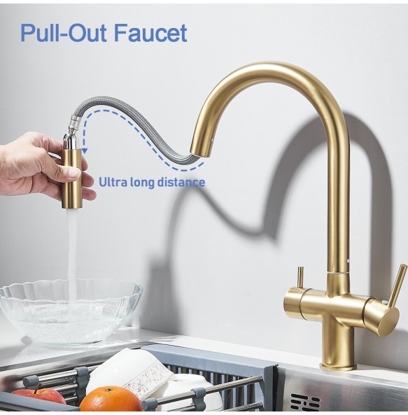 Brushed Gold Kitchen Faucet Pure Faucet Pull Out Filtered Faucet Dual Handle Hot&Cold Drinking Water Mixer Taps