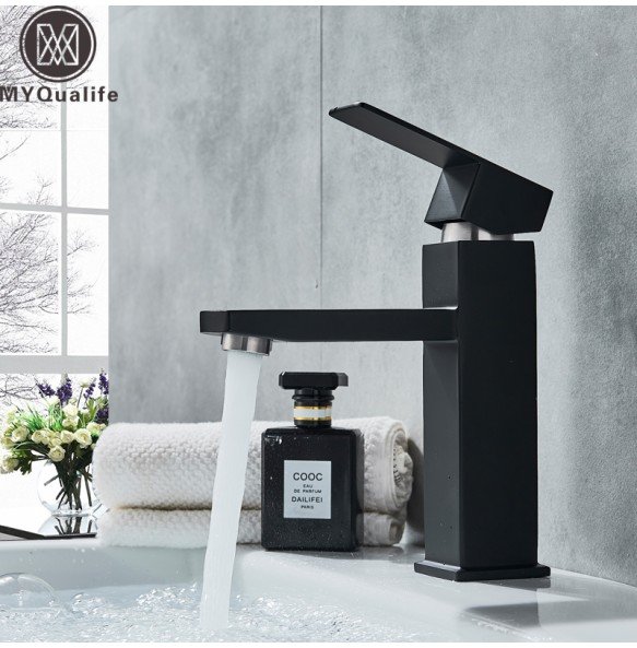 Black Deck Mounted Bathroom Basin Mixer Tap Square Single Handle Basin Vessel Sink Faucet Hot Cold Water Faucet for Basin