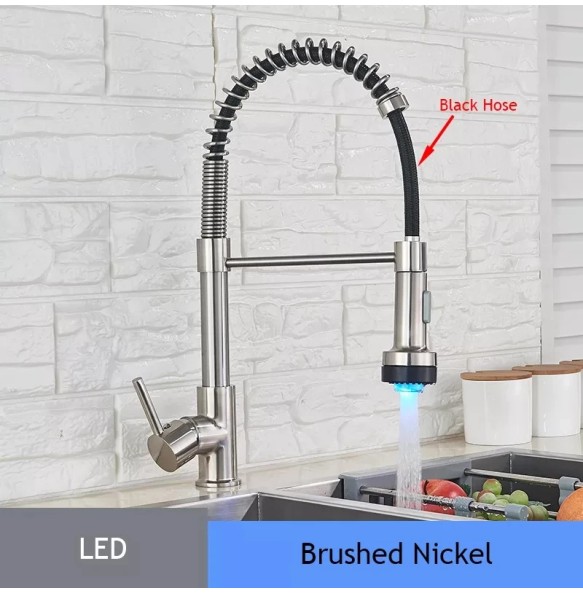 Matte Black LED Kitchen Sink Faucet Spring Hot and Cold Water Tap Pull Down 2 Models Gold Kitchen Crane