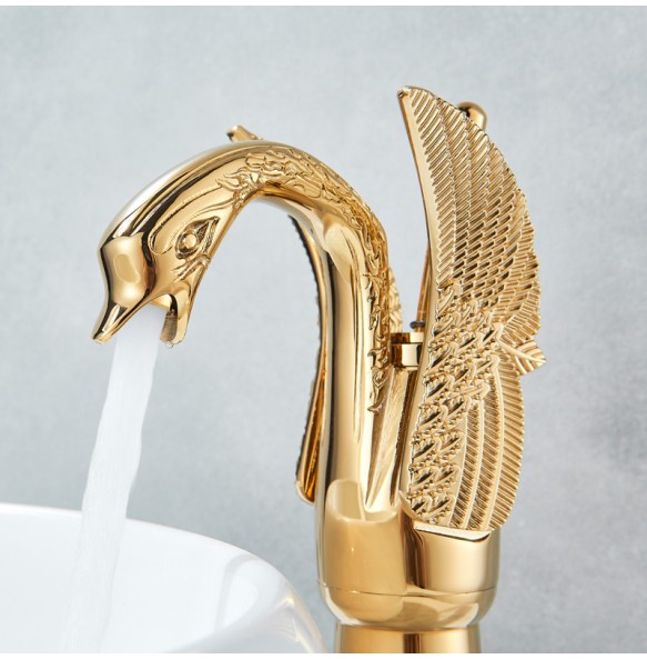 2024 New Swan Shape Bathroom Mixer Faucet Tap Deck Mount One Hole Water Taps with Hot Cold Water Golden Color Basin Faucet One Handle