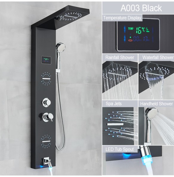 Black LED Light LCD Shower Faucet Bathroom SPA Massage Jet Shower Column System Waterfall Rain Shower Panel With Temperature