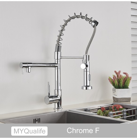 Matte Black Finish Dual Spout Kitchen Sink Faucet Deck Mount Spring Kitchen Mixer Tap Kitchen Hot and Cold Water tap