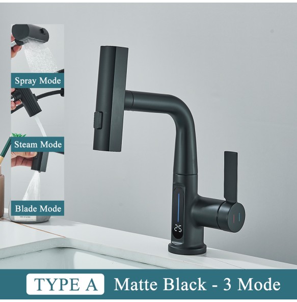 2024 NewWaterfall Temperature Digital Display Basin Faucet Lift Up Down Stream Sprayer Hot Cold Water Sink Mixer Wash Tap For Bathroom