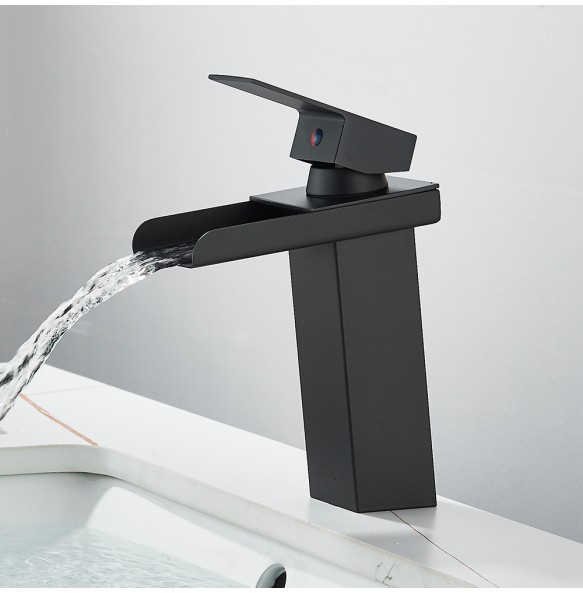 Matte Black Waterfall Outlet Basin Faucet Deck Mounted  Mixer Tap Cold And Hot Water Tap Single Hole Bath Sink Faucets Crane