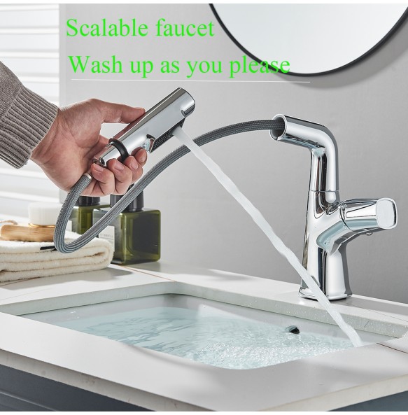 Chrome Basin Faucet Pull Out  Nozzle Adjustable Faucet Kitchen Mixer Crane Hot and Cold Taps