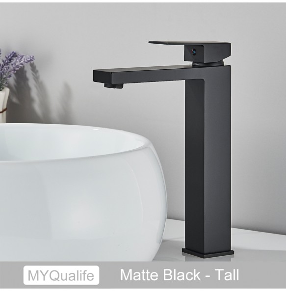 2024 New Black Brass Square Basin Faucet Bathroom Washbasin Hot Cold Water Mixer Tap Single Handle Tall Model Mixer Crane