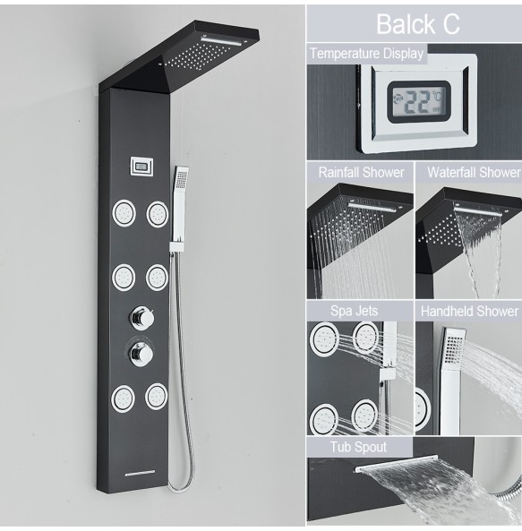 Shower Panel Waterfall Rain Shower Faucet Set SPA Massage Jet Bath Shower Column Temperature Display Mixer Tap Tower