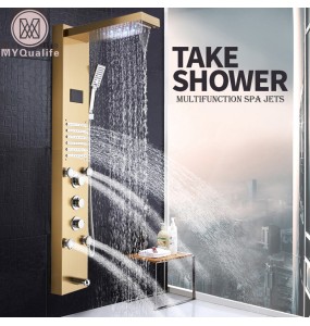 Golden Shower Panel LED Light Bathroom Bath Shower Column Tower Digital Screen Waterfall Rain shower Mixers Rotate Massage Jets