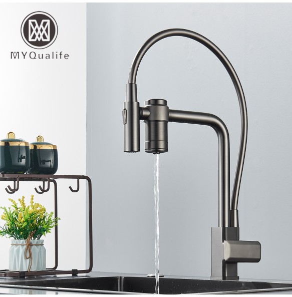 Gun Grey Pure Water Filter Kitchen Faucet Dual Handle Hot and Cold Drinking Water Pull Out Mixer Soft Hose Crane Purification