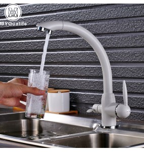 Deck Mounted White 3 way Purification Kitchen Faucet Dual Water Outlet Filter Mixer Tap for Kitchen Dual Handle