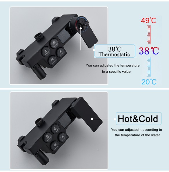 Black Thermostatic LCD Shower Faucet Set Temperature Display Rainfall Bathtub Tap With Bathroom Shelf Electricity By Water