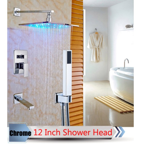 Bathroom LED Light Rainfall Shower Set Handheld Spray Brass Tub Spout Tap Bath Shower Mixer Faucet Wall Mounted Color Changing