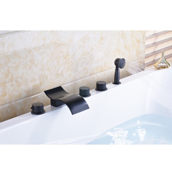 Modern Black Deck Mounted Waterfall 5pc Bathtub Faucet Set with Handshower Widespread Brass Spout 3 Knob Tub Mixer