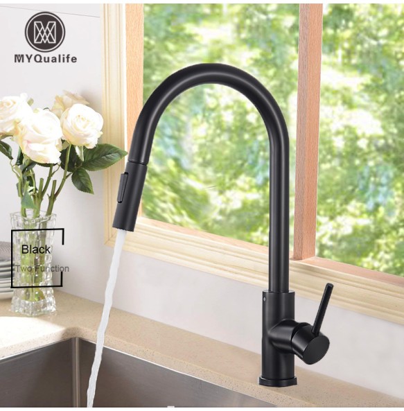 Black Kitchen Faucet Two Function Single Handle Pull Out Mixer  Hot and Cold Water Taps Deck Mounted