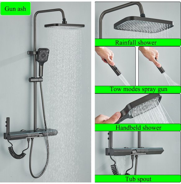 White Shower Faucet Set Rainfall Bathtub Tap With Bathroom Shelf 4 Functions Height Adjust Shower Mixer Crane