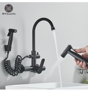 Black Two Mode Kitchen Faucet 304 Steel 360 Rotation With Handheld Shower Hot&Cold Mixer Kitchen Sink Tap Crane Shower Faucet