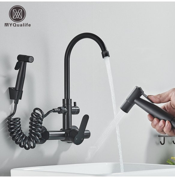 Black Two Mode Kitchen Faucet 304 Steel 360 Rotation With Handheld Shower Hot&Cold Mixer Kitchen Sink Tap Crane Shower Faucet