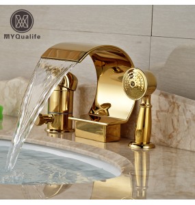 Luxury Golden Waterfall Bathtub Mixer Faucet Deck Mount Single Handle Tub Tap with Handheld Shower