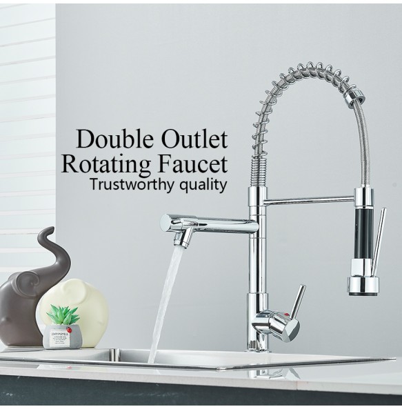 Chrome Pull Down Brass Kitchen Sink Faucet Hot Cold Water Mixer Crane Tap with Dual Spout 360 Rotation Spring Type Faucet