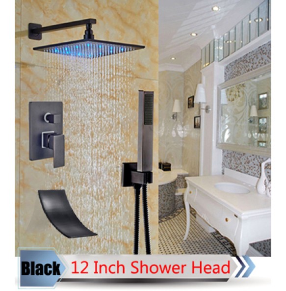 Bathroom LED Light Rainfall Shower Set Handheld Spray Brass Tub Spout Tap Bath Shower Mixer Faucet Wall Mounted Color Changing