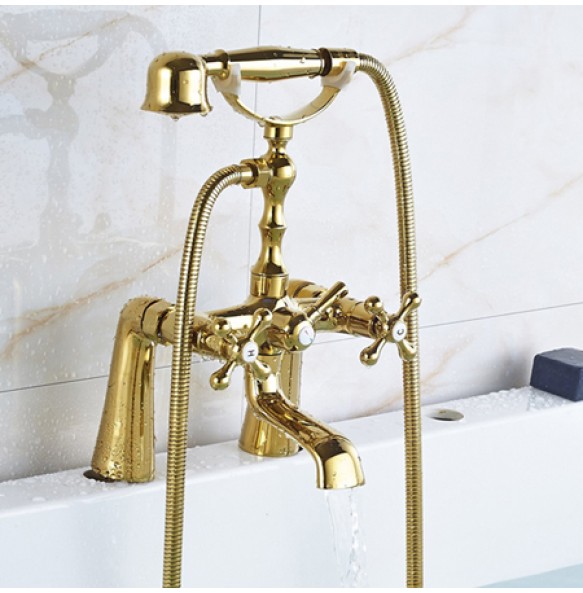 Deck Mounted Two Handle Bathtub Sink Faucet Telephone Deck Standing Dual Hole Bathtub Mixer with Handshower Head