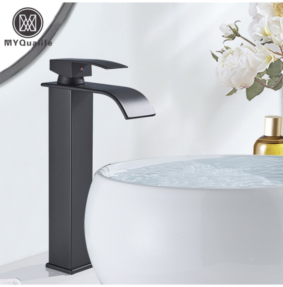 2024 New Black Waterfall Basin Sink Faucet Tall Bathroom Mixer Tap Wide Spout Vessel Sink Fauet Hot Cold Water Tap