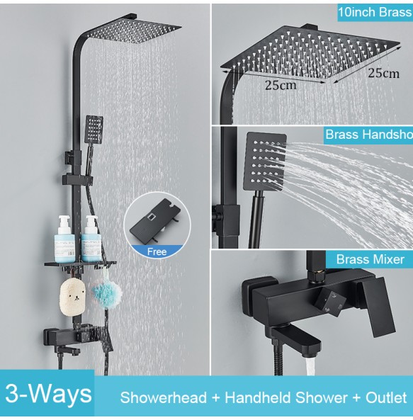 Black Brass Shower Faucet Set Rainfall Bathtub Tap With Bathroom Shelf 4 Functions Height Adjust Shower Mixer Crane Fast Delivey