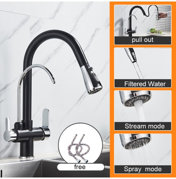 Matte Black Pure Water Kitchen Faucet Dual Handle Hot and Cold Drinking Water Pull Out  Kitchen Mixer Taps