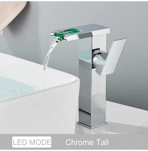 2024 New Black LED Waterfall Basin Bathroom Faucet Deck Mounted Hot Cold Water Mixer Taps Three Color Change By Water Flow