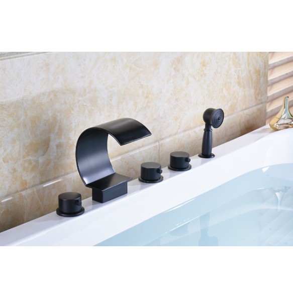 Modern Black Deck Mounted Waterfall 5pc Bathtub Faucet Set with Handshower Widespread Brass Spout 3 Knob Tub Mixer