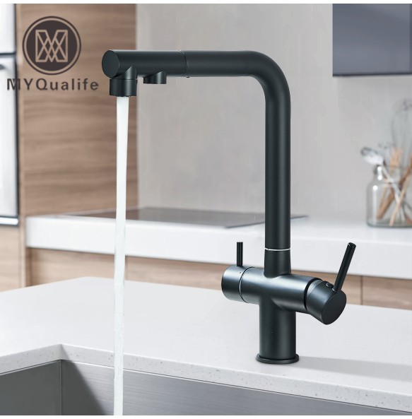 Matte Black Pulling Filter Kitchen Faucet Hot & Cold Water Mixer Dual Mode Filtration Purification Kitchen Sinks 360 Rotation