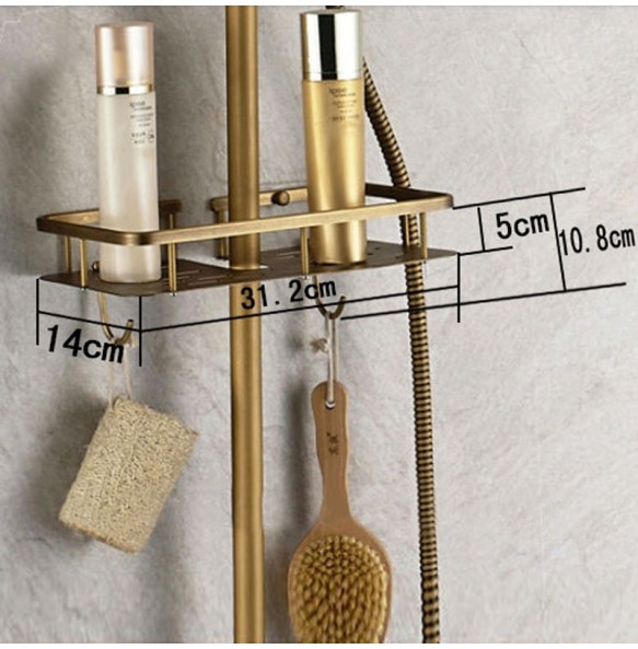 Antique Brass Wall Mounted Bathtub Shower Set Faucet Dual Handle with Commodity Shelf Long Spout Bathroom Shower Mixers Rainfall