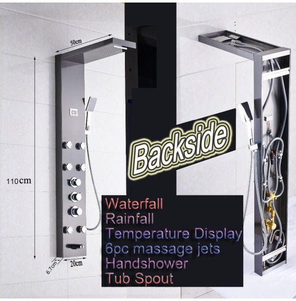 Waterfall 6pc Massage Jets Rain Shower Column Thermostatic Mixer Shower Faucet Tower W/Hand Shower Tub Spout Black Shower Panel