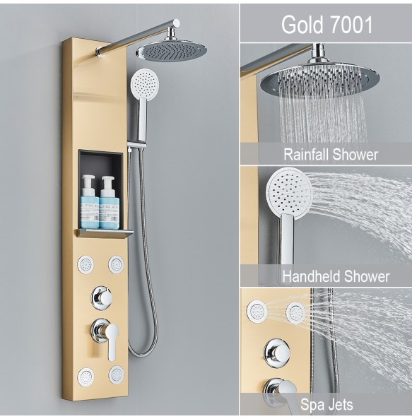 Black Shower Panel With Storage Rack Rainfall Shower Faucet Set SPA Massage Jet Bath Shower Column Double Handle Mixer Tap Tower