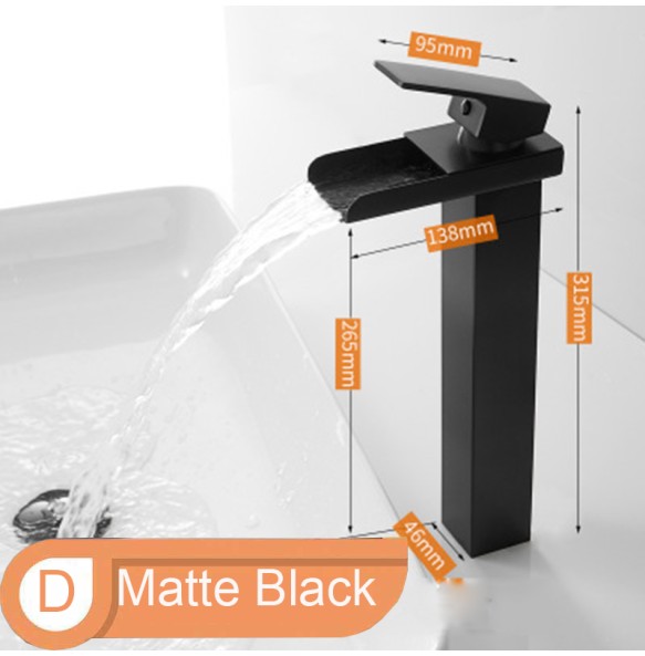 2024 New Black Waterfall Basin Sink Faucet Tall Bathroom Mixer Tap Wide Spout Vessel Sink Fauet Hot Cold Water Tap