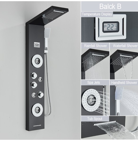 Shower Panel Waterfall Rain Shower Faucet Set SPA Massage Jet Bath Shower Column Temperature Display Mixer Tap Tower