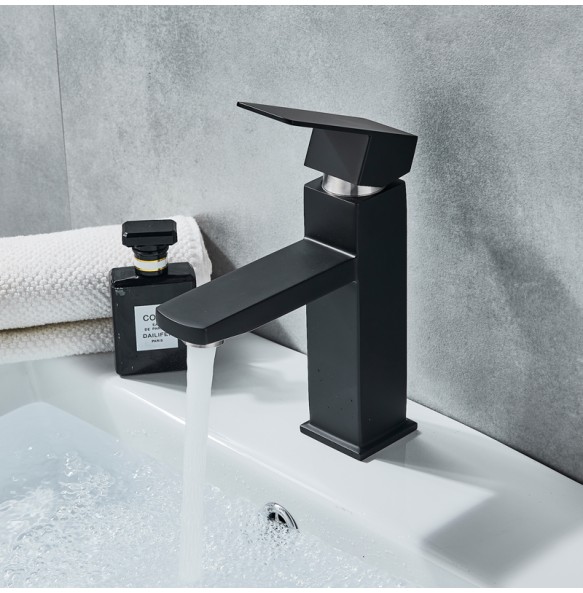 Black Deck Mounted Bathroom Basin Mixer Tap Square Single Handle Basin Vessel Sink Faucet Hot Cold Water Faucet for Basin