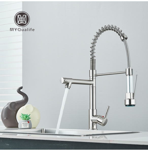 Chrome Pull Down Brass Kitchen Sink Faucet Hot Cold Water Mixer Crane Tap with Dual Spout 360 Rotation Spring Type Faucet