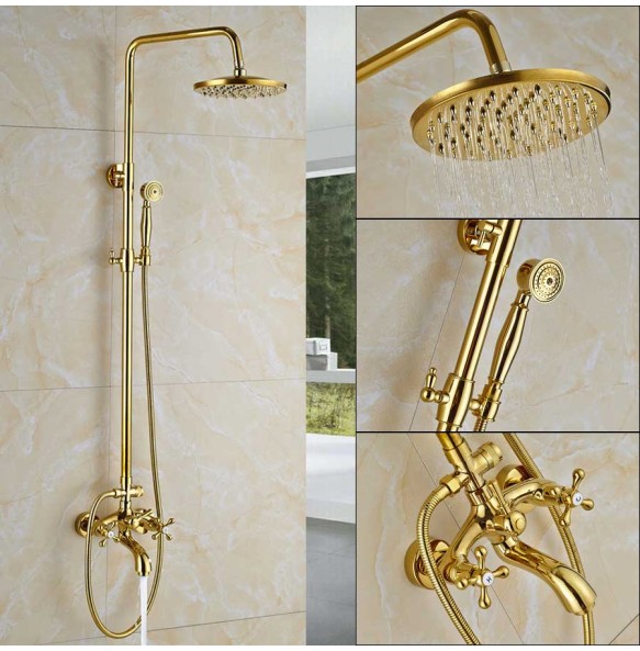 Golden Shower Faucet Dual Handle Shower Faucet Set Wall Mounted Rainfall Shower System Bathroom Bath Shower Mixer  Sliding Bar