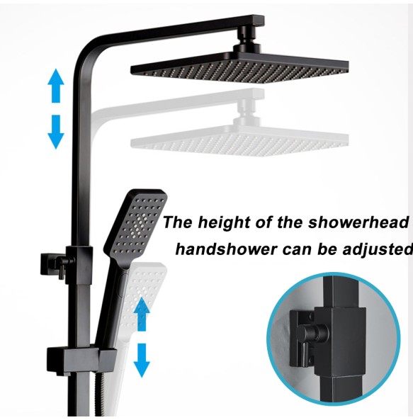 Black Brass Shower Faucet Set Rainfall Bathtub Tap With Bathroom Shelf 4 Functions Height Adjust Shower Mixer Crane Fast Delivey