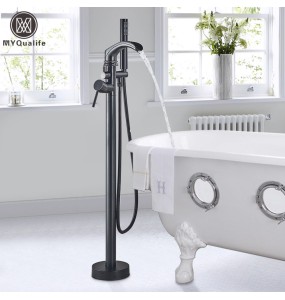 MYQualife Matte Black Floorstanding Bathtub Faucet Set Dual Handle Floor Mounted Bath Tub Mixers Swive Spout Tub Faucet