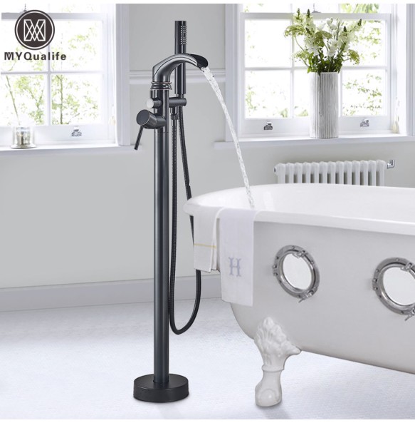 MYQualife Matte Black Floorstanding Bathtub Faucet Set Dual Handle Floor Mounted Bath Tub Mixers Swive Spout Tub Faucet