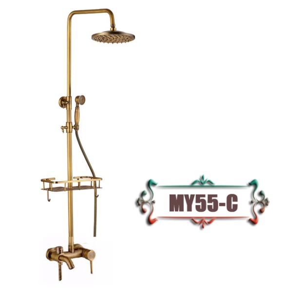 Antique Brass Wall Mounted Bathtub Shower Set Faucet Dual Handle with Commodity Shelf Long Spout Bathroom Shower Mixers Rainfall