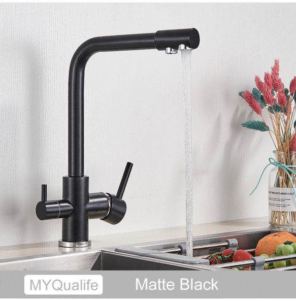 Matte Black Brass Pure Water Kitchen Faucet Dual Handle Hot and Cold Drinking Water 3-way Filter Kitchen Purified Mixer Taps